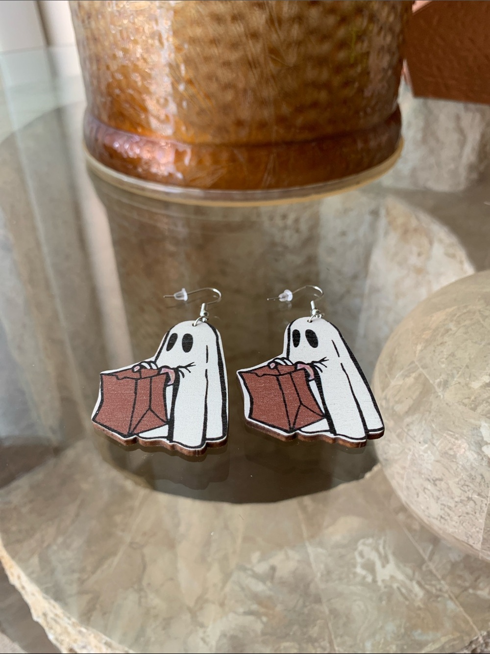 Wooden Ghost with Bag White and Brown Novelty Earrings